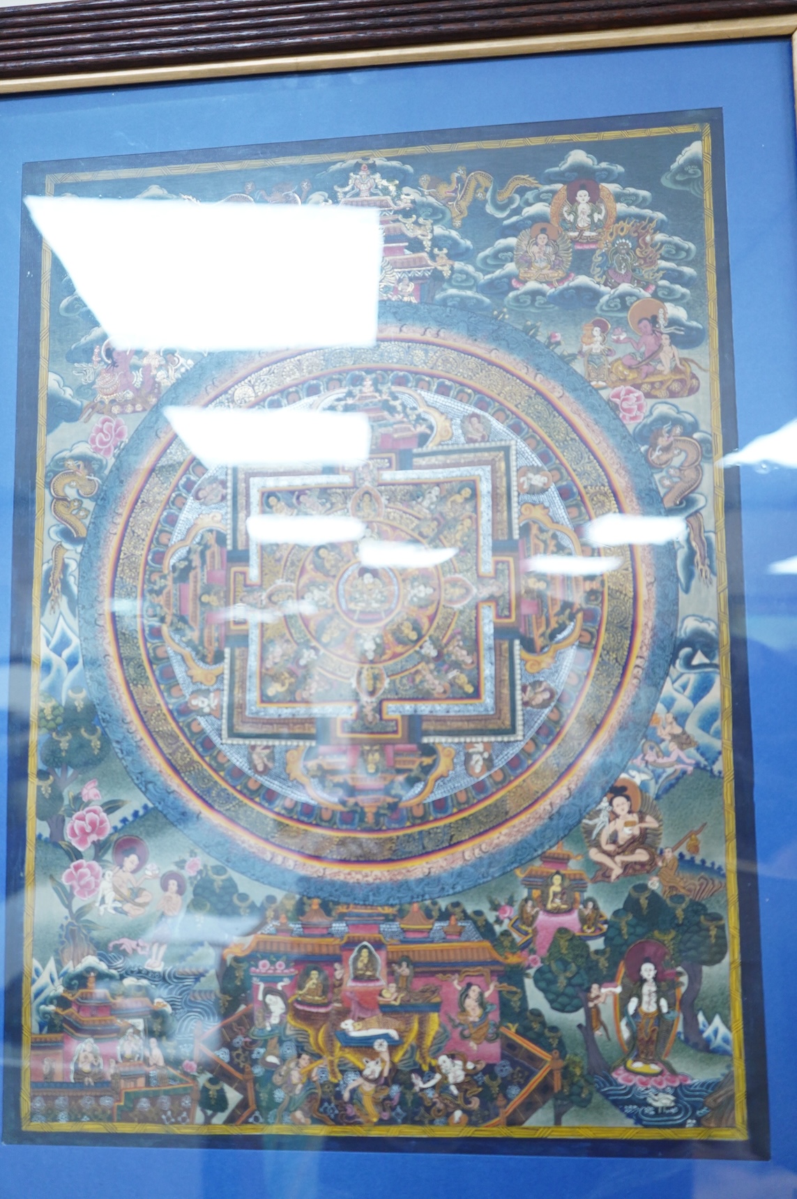 A 20th century Buddhist Thangka of Avalokiteshivara, the Bodhisattva of Compassion, this Thangka mandala used for enlightenment and meditation, 43cm wide x 56cm high. Condition - good. Provenance - bought in Nepal